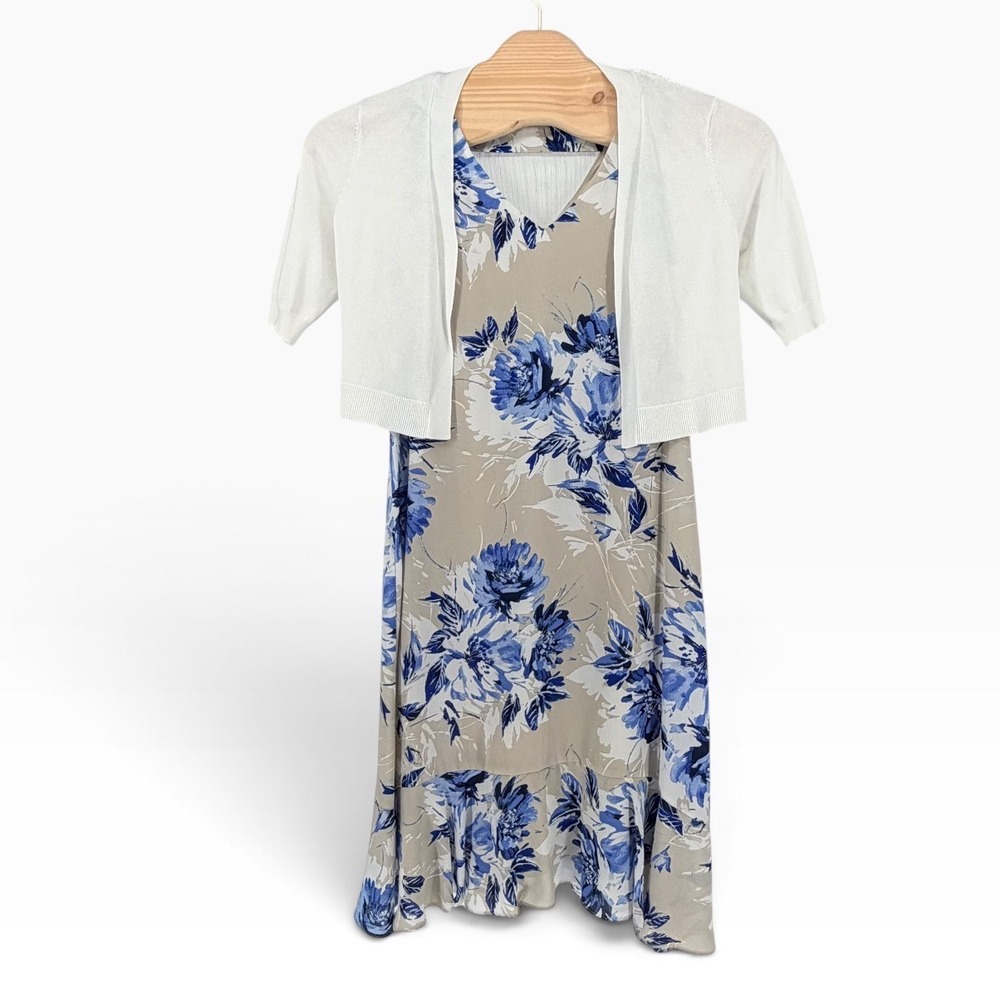 Apt 9 Floral Dress & Roz Ali Cardigan Set M L Tan Blue White Ruffle Hem V-Neck